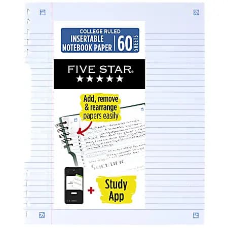 Five Star® Insertable Notebook Paper Plus Study App, College Ruled, 9" x 11", 60 Sheets/Pack [sheet size 9" x 11", Color (Paper) White, Color (Ink) Black, Number of Reams/Packs 1]