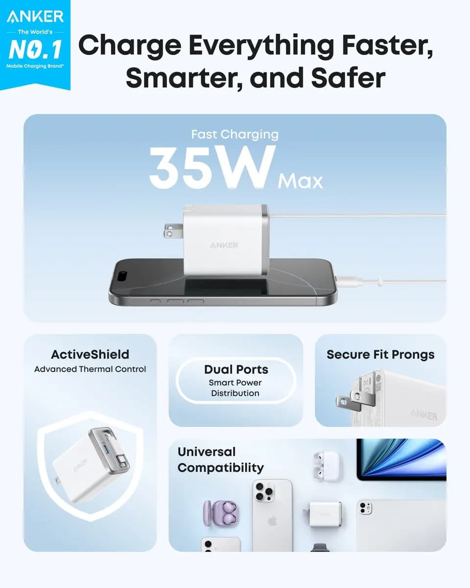 Anker Nano Charger (35W, Built-In Retractable USB-C Cable) [35W, 100-240V~, 1.2A, 50-60Hz, USB-C1 (Retractable Cable Port)]
