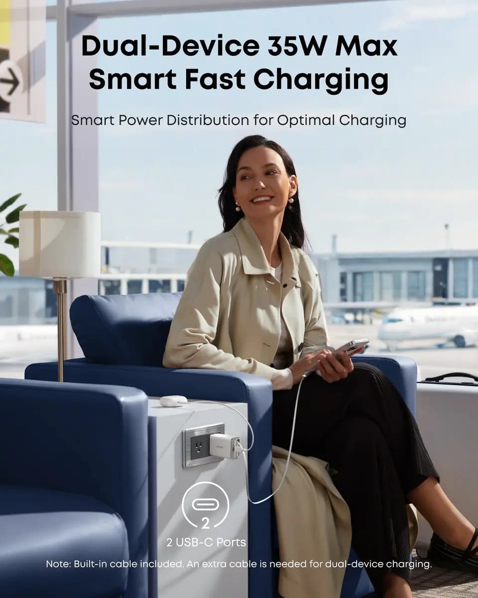 Anker Nano Charger (35W, Built-In Retractable USB-C Cable) [35W, 100-240V~, 1.2A, 50-60Hz, USB-C1 (Retractable Cable Port)]