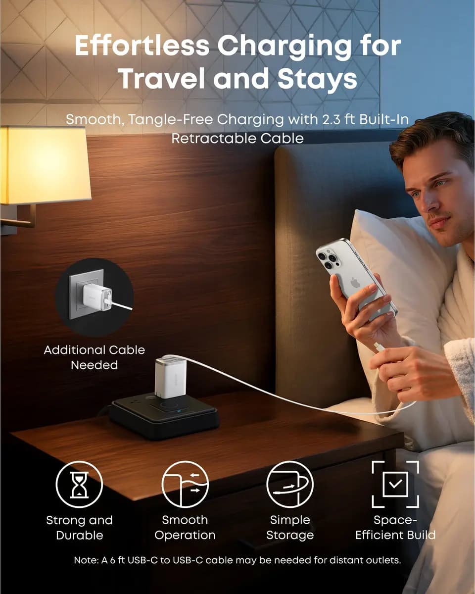Anker Nano Charger (35W, Built-In Retractable USB-C Cable) [35W, 100-240V~, 1.2A, 50-60Hz, USB-C1 (Retractable Cable Port)]