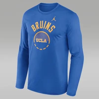 UCLA Courtside Men's Jordan Brand Dri-FIT College Long-Sleeve T-Shirt Light Blue [Light Blue, Jersey fabric has a soft, lightweight feel., 100% recycled polyester]