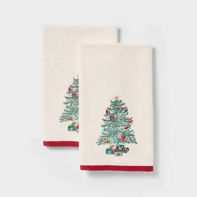 Threshold 2pk Embroidered Tree Christmas Hand Towel Ivory - Thresholdâ„¢ [100% Cotton, Midweight (450-550 GSM), HOHENSTEIN HTTI]
