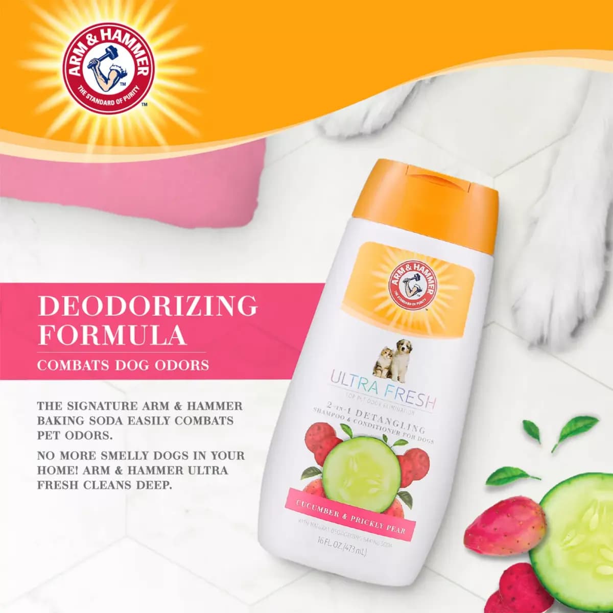 Arm & Hammer ™ Ultra Fresh 2-in-1 Detangling Dog Shampoo - Cucumber/Prickly Pear 16 oz [Intended For Dog, Includes 1 -16 oz bottle, Health Consideration Detangling, Total Weight 16