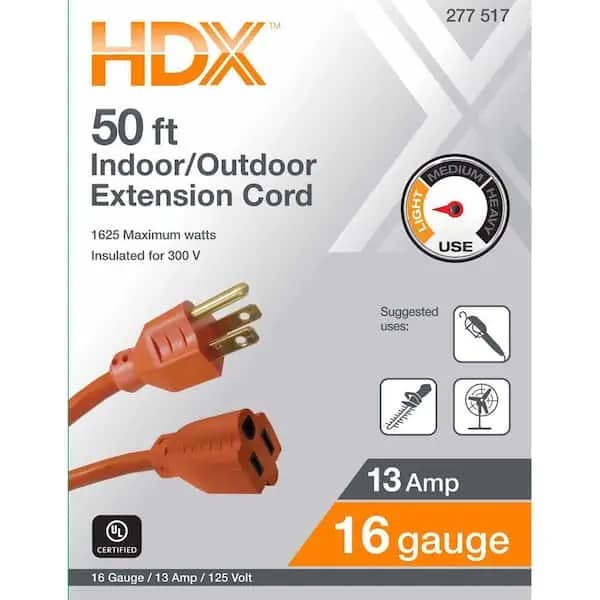 HDX 50 ft. 16/3 Light Duty Indoor/Outdoor Extension Cord, Orange, HD#277-517 [Cord Color: Orange, Cord Length (ft.): 50 ft, Features: No Additional Features]