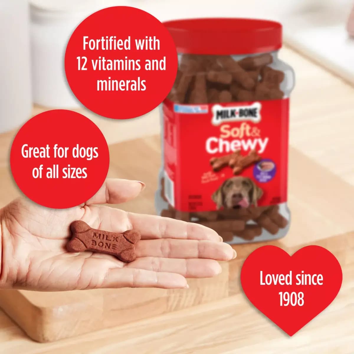 Milk-Bone Soft & Chewy Dog Treats, Made with Real Beef & Filet Mignon [Key Benefits Contains one (1) 25-ounce container of M, Item Number 5116698, Brand Milk-Bone, Food Type Dog Ch
