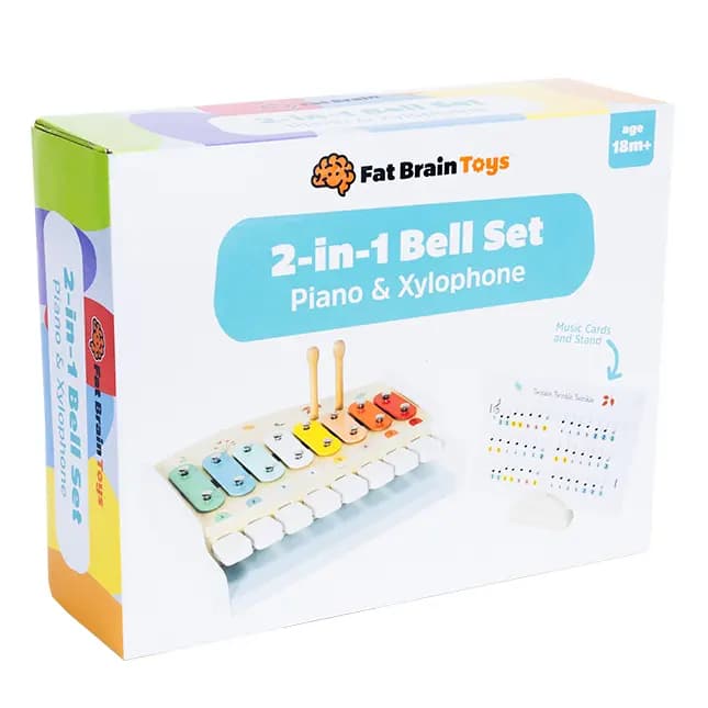 Fat Brain Toys 2-in-1 Bell Set Wooden Musical Playset for Toddlers [Wood-and-metal bell set with keys and mallets, Encourages fine motor skills, matching skills, hand-eye coordinat