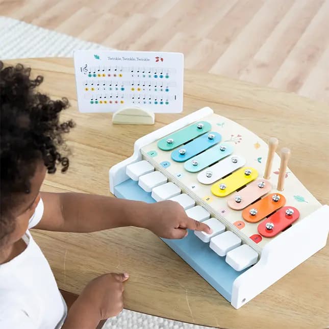 Fat Brain Toys 2-in-1 Bell Set Wooden Musical Playset for Toddlers [Wood-and-metal bell set with keys and mallets, Encourages fine motor skills, matching skills, hand-eye coordinat