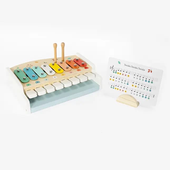 Fat Brain Toys 2-in-1 Bell Set Wooden Musical Playset for Toddlers [Wood-and-metal bell set with keys and mallets, Encourages fine motor skills, matching skills, hand-eye coordinat