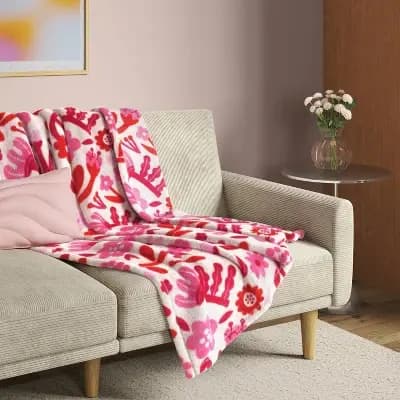 Room Essentials Valentine's Day Floral Printed Plush Throw Ivory/Pink/Red - Room Essentialsâ„¢ [100% Recycled Polyester, Midweight Fabric, Contains Recycled Content]
