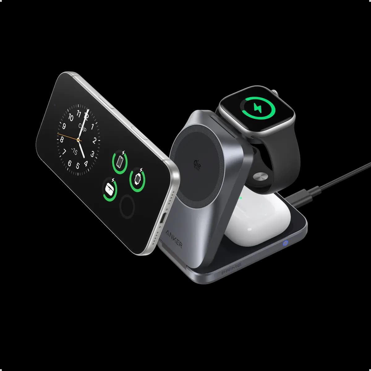 Anker Prime Wireless Charging Station (3-in-1, MagGo, AirCool, Foldable) [9.0V⎓3A / 12V⎓3A / 15V⎓3A, Phone: 25W Max, 3.74 × 2.38 × 1.22 in]