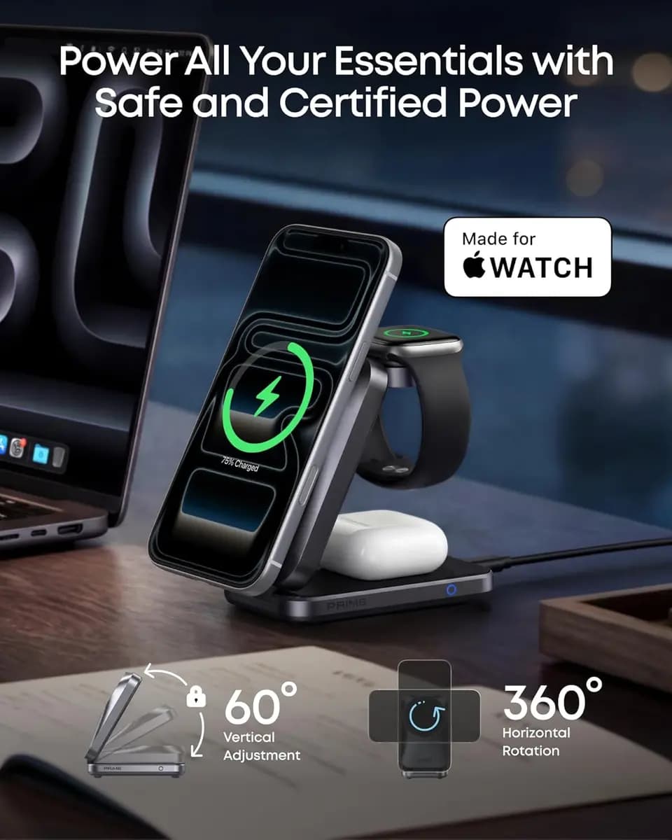 Anker Prime Wireless Charging Station (3-in-1, MagGo, AirCool, Foldable) [9.0V⎓3A / 12V⎓3A / 15V⎓3A, Phone: 25W Max, 3.74 × 2.38 × 1.22 in]