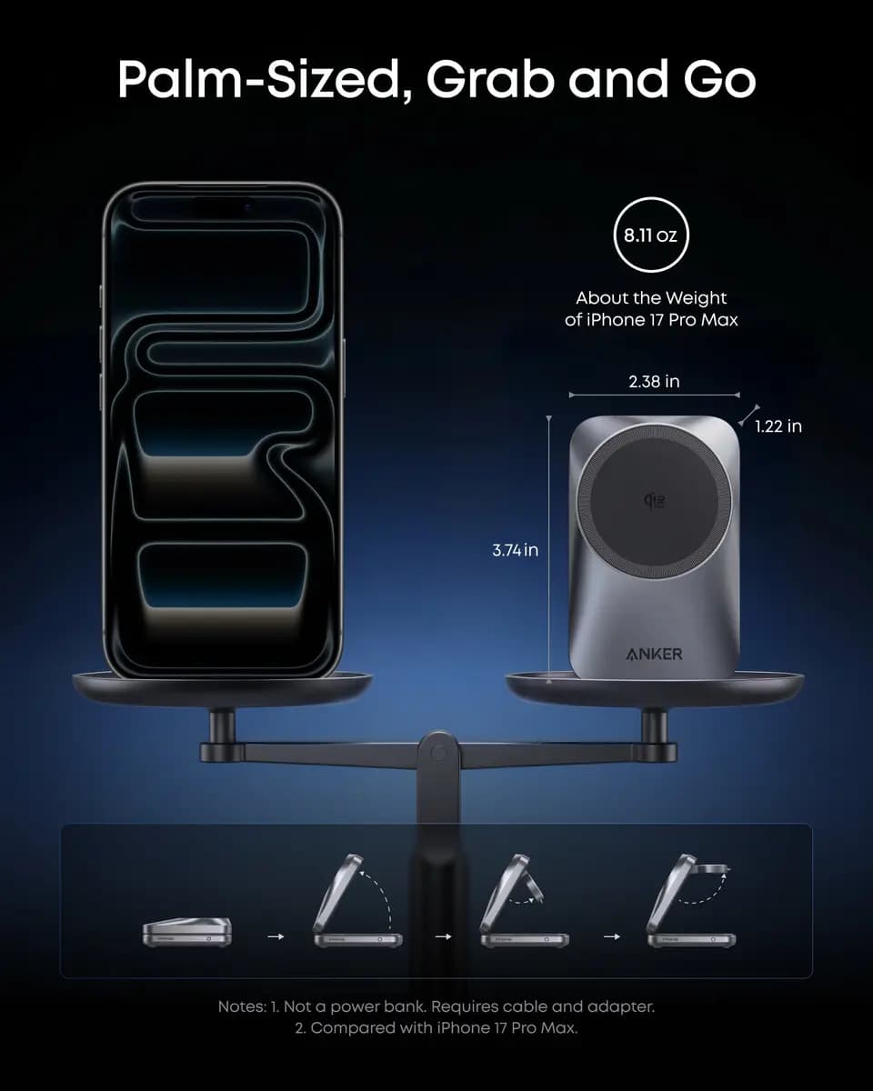 Anker Prime Wireless Charging Station (3-in-1, MagGo, AirCool, Foldable) [9.0V⎓3A / 12V⎓3A / 15V⎓3A, Phone: 25W Max, 3.74 × 2.38 × 1.22 in]