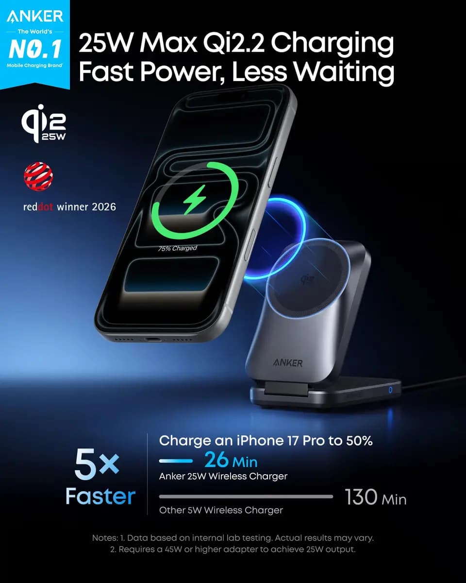Anker Prime Wireless Charging Station (3-in-1, MagGo, AirCool, Foldable) [9.0V⎓3A / 12V⎓3A / 15V⎓3A, Phone: 25W Max, 3.74 × 2.38 × 1.22 in]