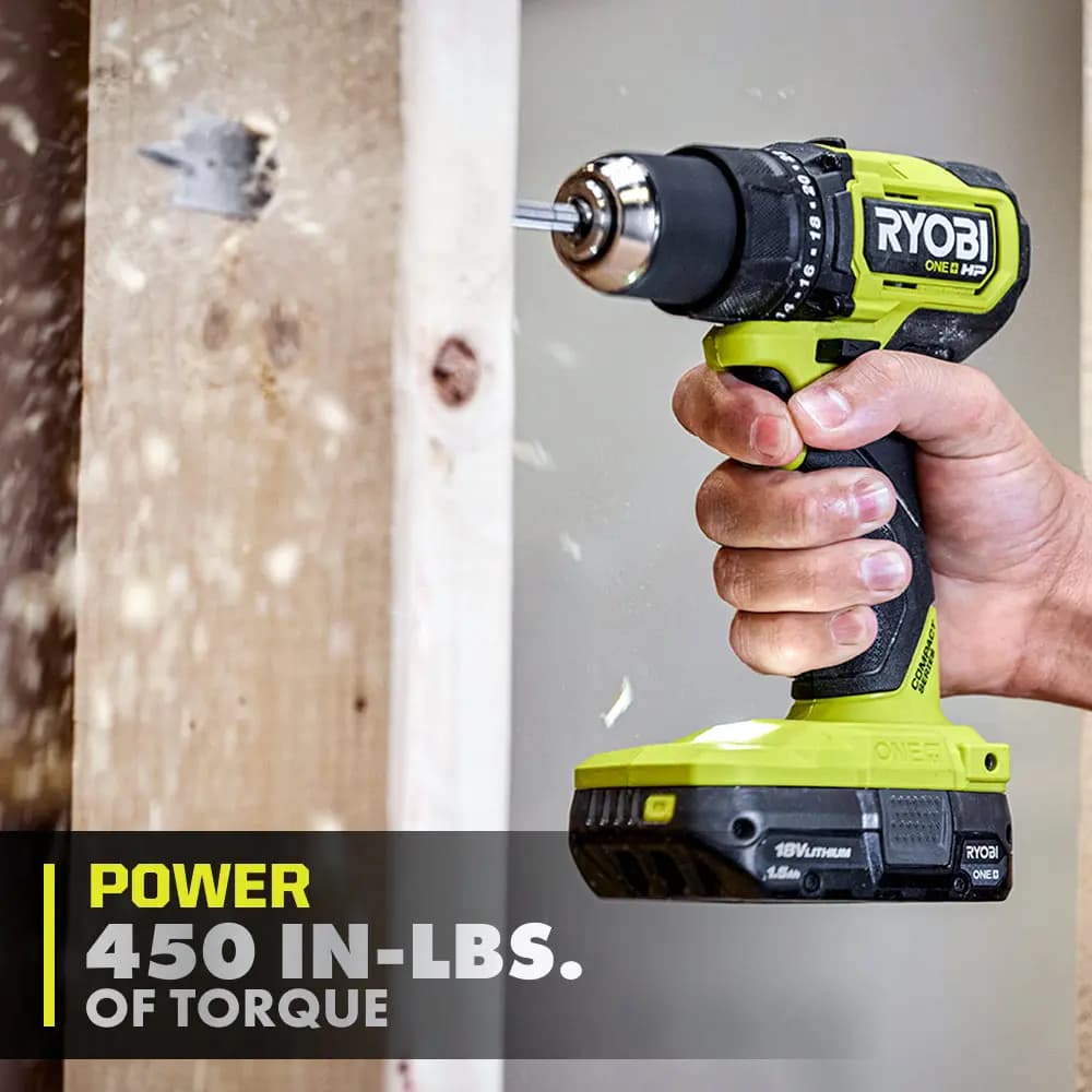 RYOBI 18V ONE+ HP Compact Brushless 1/2" Drill/Driver [Torque 450 in-lbs., Weight 2.1 lbs., RPM 0-450 / 0-1,750]