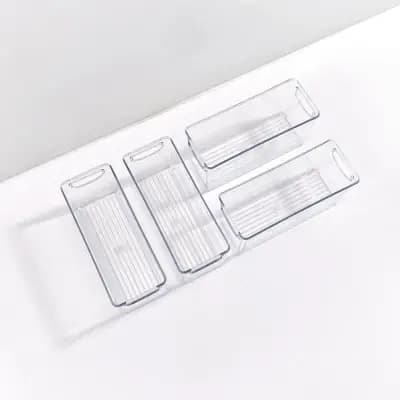 iDESIGN 4pc 10"x4"x5" Small Recycled Plastic Stackable Kitchen Organizer Bins: Clear Fridge & Freezer Storage [Plastic, 2.42 Pounds, Dishwasher-Safe]