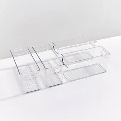 iDESIGN 4pc 10"x4"x5" Small Recycled Plastic Stackable Kitchen Organizer Bins: Clear Fridge & Freezer Storage [Plastic, 2.42 Pounds, Dishwasher-Safe]