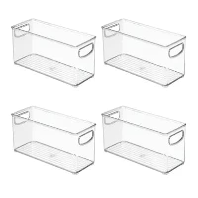 iDESIGN 4pc 10"x4"x5" Small Recycled Plastic Stackable Kitchen Organizer Bins: Clear Fridge & Freezer Storage [Plastic, 2.42 Pounds, Dishwasher-Safe]