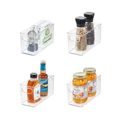 iDESIGN 4pc 10"x4"x5" Small Recycled Plastic Stackable Kitchen Organizer Bins: Clear Fridge & Freezer Storage [Plastic, 2.42 Pounds, Dishwasher-Safe]