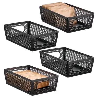 mDesign Perforated Metal Storage Bin with Handles - Set of 4 - Matte Black [Steel, 1 pounds, Spot or Wipe Clean]