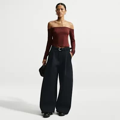 Nike Article Fleece Women's Oversized Mid-Rise Wide-Leg Pants Black/Ice Silver/Black [Black/Ice Silver/Black, Embroidered Swoosh logo, Elastic waistband]
