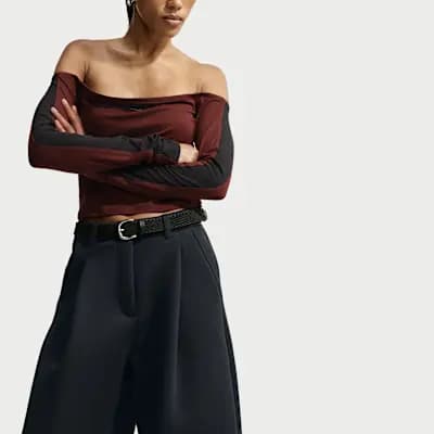 Nike Article Fleece Women's Oversized Mid-Rise Wide-Leg Pants Black/Ice Silver/Black [Black/Ice Silver/Black, Embroidered Swoosh logo, Elastic waistband]