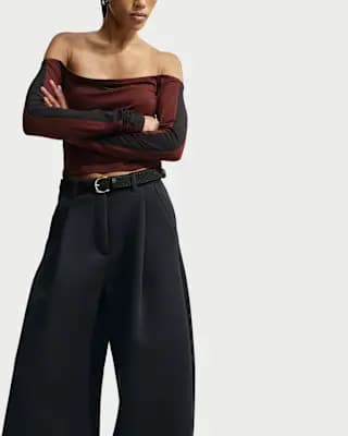 Nike Article Fleece Women's Oversized Mid-Rise Wide-Leg Pants Black/Ice Silver/Black [Black/Ice Silver/Black, Embroidered Swoosh logo, Elastic waistband]