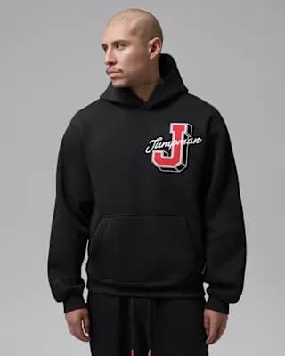 Jordan Brooklyn Men's Statement Pullover Hoodie Black/Fire Red [Black/Fire Red, Ribbed cuffs and hem, 73% cotton/27% polyester.]