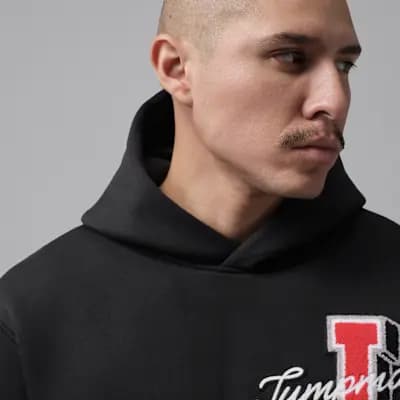 Jordan Brooklyn Men's Statement Pullover Hoodie Black/Fire Red [Black/Fire Red, Ribbed cuffs and hem, 73% cotton/27% polyester.]