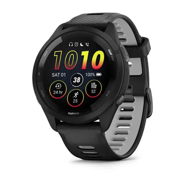 Garmin Forerunner 265 Black Bezel and Case with Black/Powder Gray Silicone Band [AMOLED (optional always-on mode), 5 ATM, 1.1" (28.1 mm) diameter]