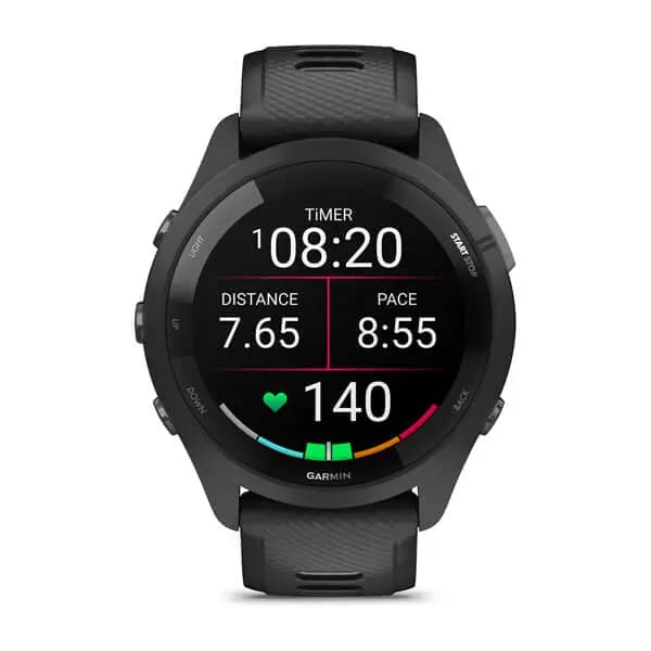 Garmin Forerunner 265 Black Bezel and Case with Black/Powder Gray Silicone Band [AMOLED (optional always-on mode), 5 ATM, 1.1" (28.1 mm) diameter]