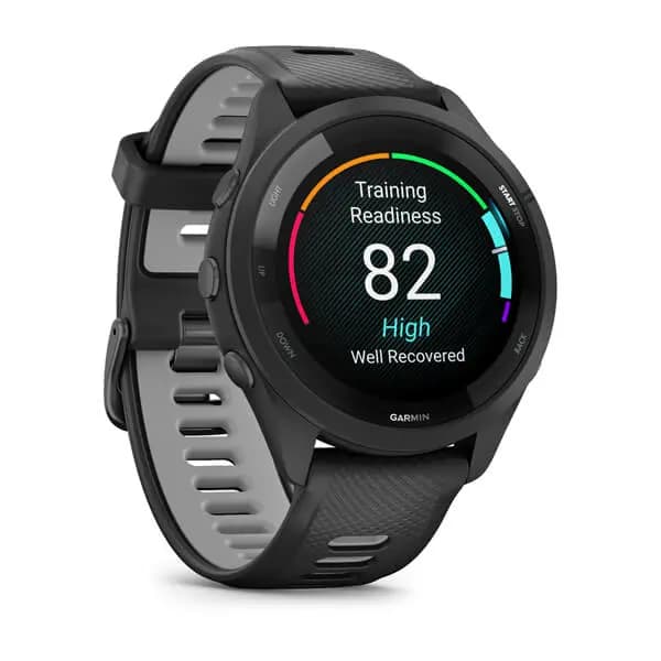 Garmin Forerunner 265 Black Bezel and Case with Black/Powder Gray Silicone Band [AMOLED (optional always-on mode), 5 ATM, 1.1" (28.1 mm) diameter]