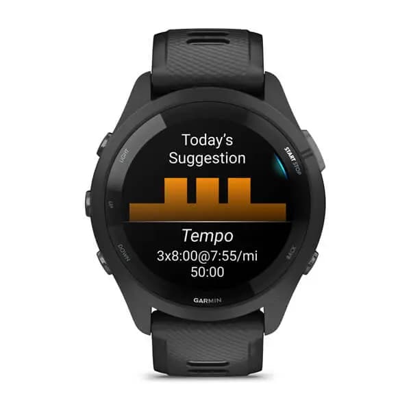 Garmin Forerunner 265 Black Bezel and Case with Black/Powder Gray Silicone Band [AMOLED (optional always-on mode), 5 ATM, 1.1" (28.1 mm) diameter]