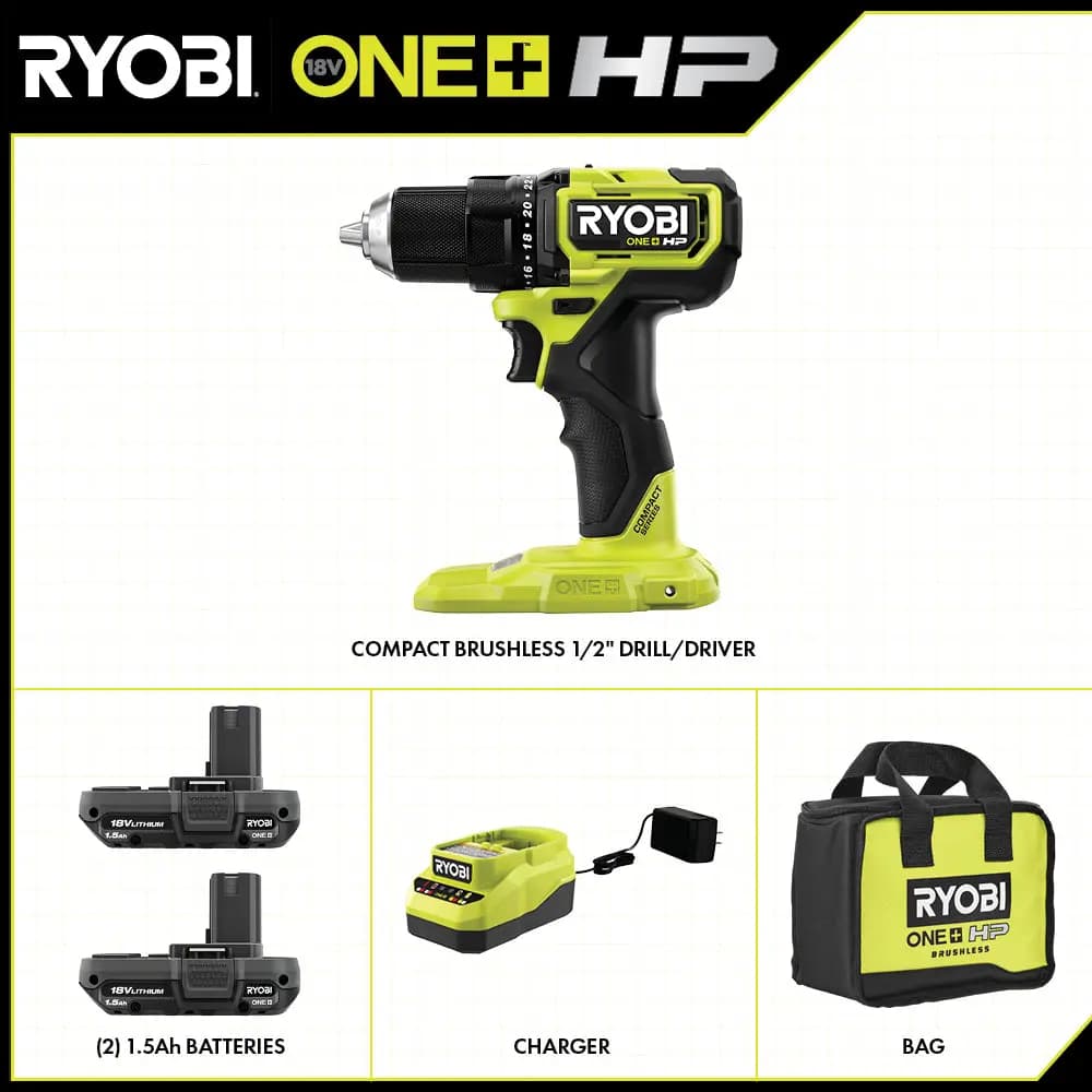 RYOBI 18V ONE+ HP Compact Brushless 1/2" Drill/Driver Kit [Voltage 18V, Fuel Gauge Integrated LEDs, Capacity 1.5Ah]