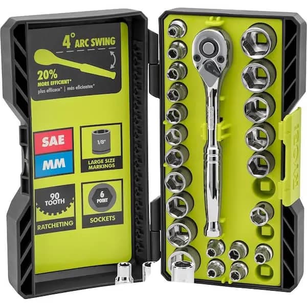 RYOBI 26-Piece 1/4 in. Drive Standard (SAE) and Metric Mechanics Ratchet Set and Socket Set, RHMTS12601 [Carrier Type: Hard Shell Carrier, Features: Quick Release,Reversible, Hand