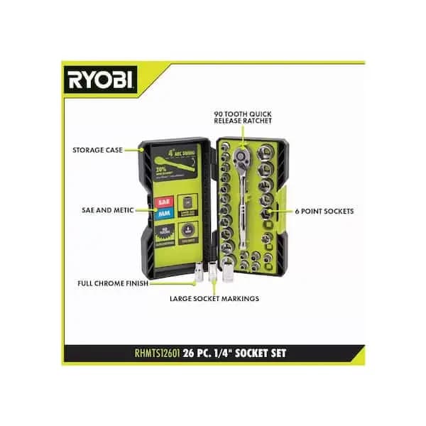 RYOBI 26-Piece 1/4 in. Drive Standard (SAE) and Metric Mechanics Ratchet Set and Socket Set, RHMTS12601 [Carrier Type: Hard Shell Carrier, Features: Quick Release,Reversible, Hand 