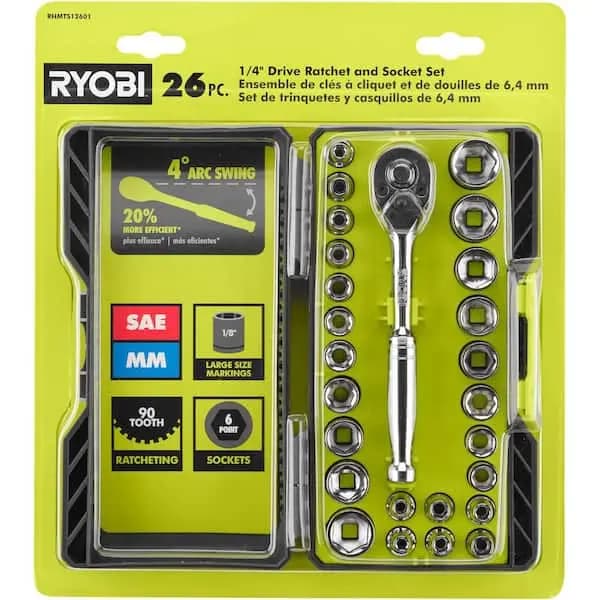 RYOBI 26-Piece 1/4 in. Drive Standard (SAE) and Metric Mechanics Ratchet Set and Socket Set, RHMTS12601 [Carrier Type: Hard Shell Carrier, Features: Quick Release,Reversible, Hand 