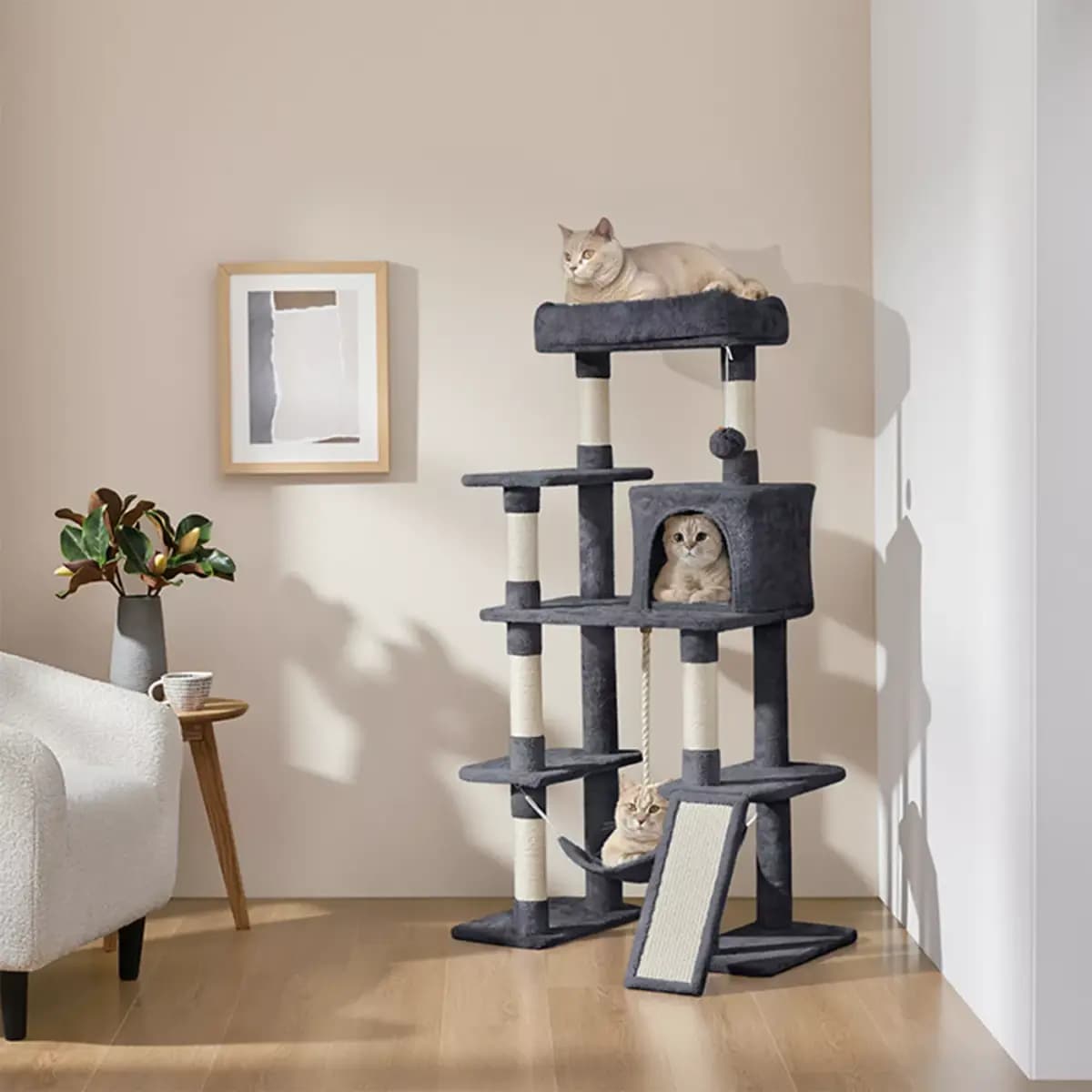 Yaheetech 54-in Multi-Level Cat Tree with Condo, Hammock and Scratching Board [Description and Overview Every cat deserves a cozy space to climb, Features Engaging Multilevel Layou