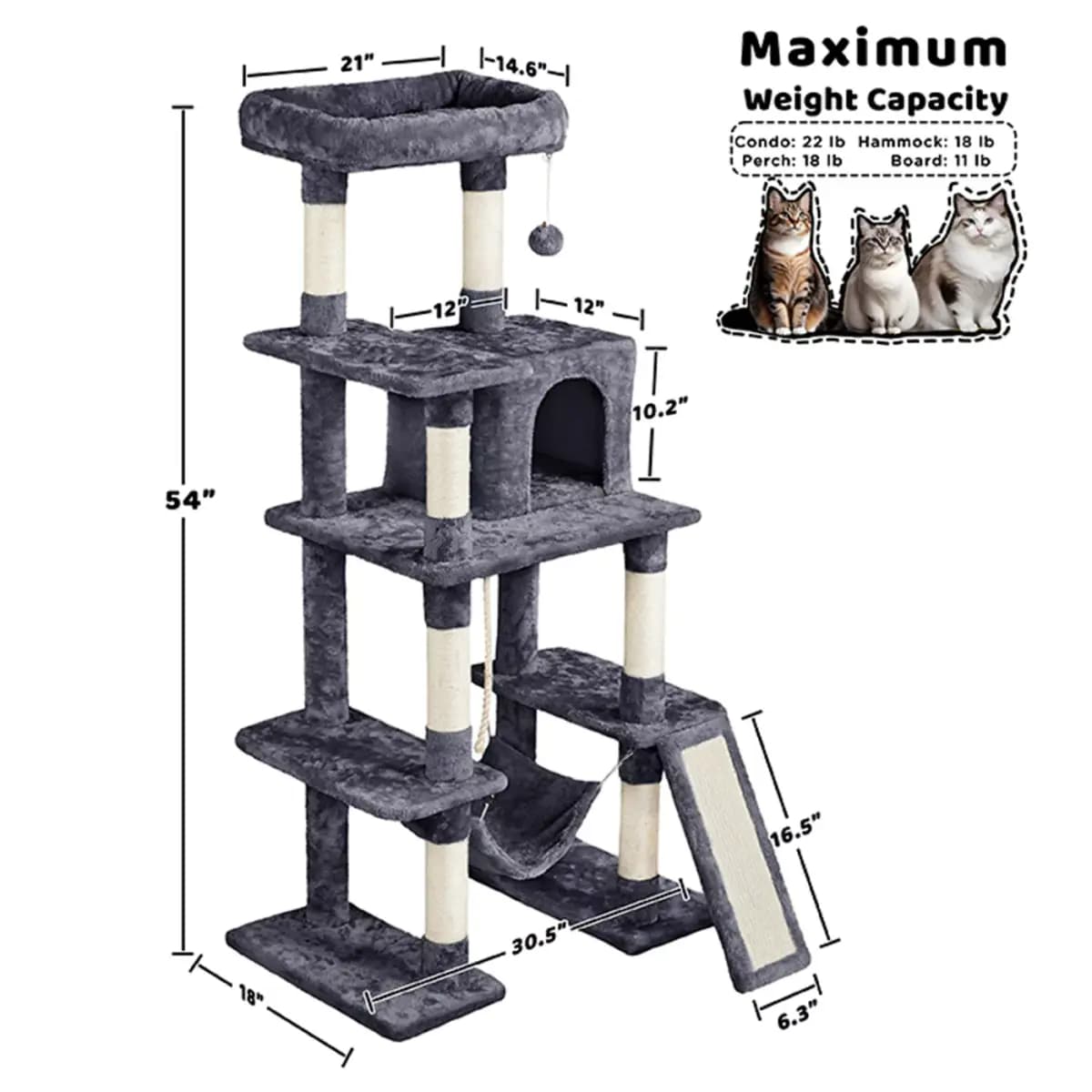 Yaheetech 54-in Multi-Level Cat Tree with Condo, Hammock and Scratching Board [Description and Overview Every cat deserves a cozy space to climb, Features Engaging Multilevel Layou