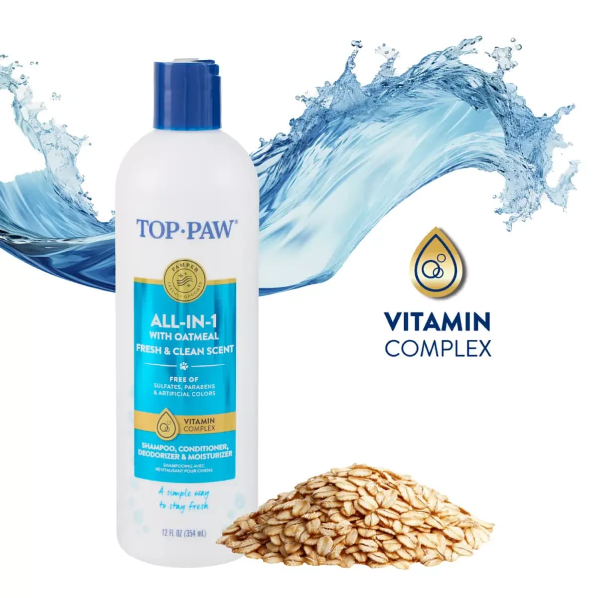 Top Paw® All-In-1 Dog Shampoo, Conditioner, Deodorize, Moisturize with Oatmeal - Fresh & Clean 12 oz [Intended For Dogs, Includes (1) 12 fl oz bottle, Health Consideration Skin & C