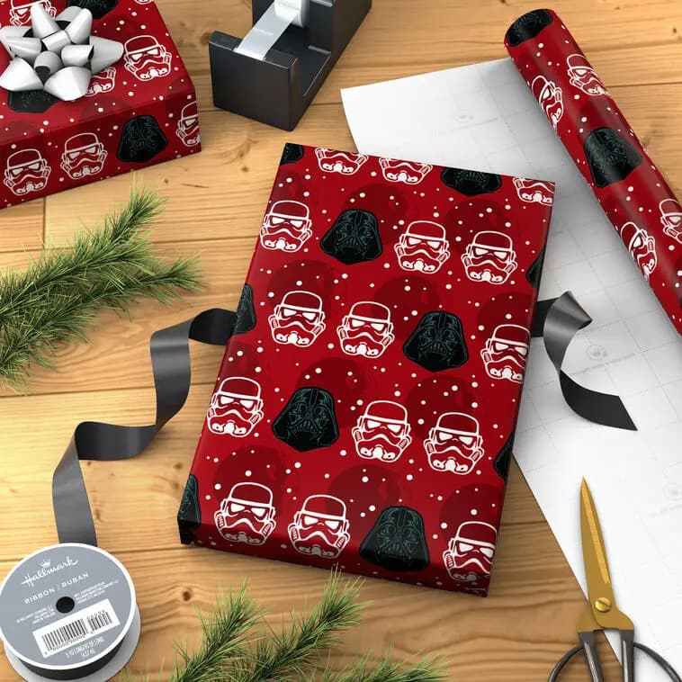 Star Wars Darth Vader and Stormtrooper Helmets on Red Holiday Wrapping Paper Roll, 25 sq. ft. [25 sq. ft. roll; 30" W x 10' L., 1, This gift wrap is recyclable. Paper, 1XWR7546]
