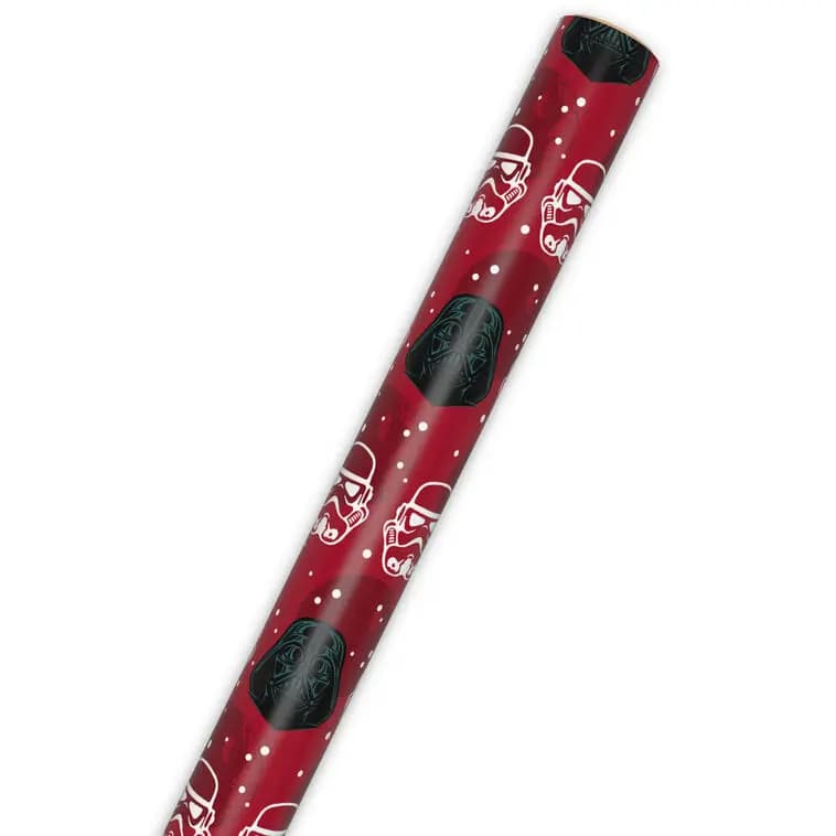 Star Wars Darth Vader and Stormtrooper Helmets on Red Holiday Wrapping Paper Roll, 25 sq. ft. [25 sq. ft. roll; 30" W x 10' L., 1, This gift wrap is recyclable. Paper, 1XWR7546]