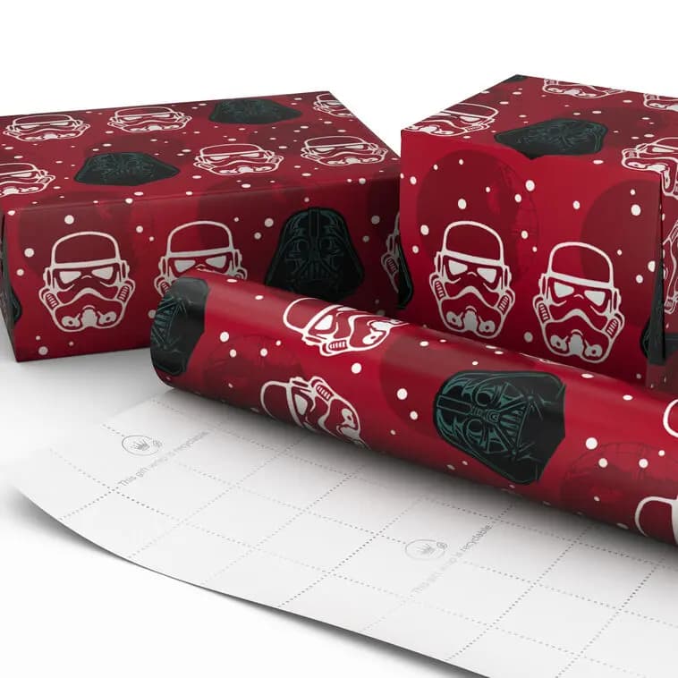 Star Wars Darth Vader and Stormtrooper Helmets on Red Holiday Wrapping Paper Roll, 25 sq. ft. [25 sq. ft. roll; 30" W x 10' L., 1, This gift wrap is recyclable. Paper, 1XWR7546]