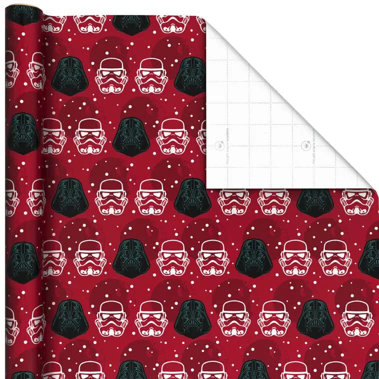 Star Wars Darth Vader and Stormtrooper Helmets on Red Holiday Wrapping Paper Roll, 25 sq. ft. [25 sq. ft. roll; 30" W x 10' L., 1, This gift wrap is recyclable. Paper, 1XWR7546]