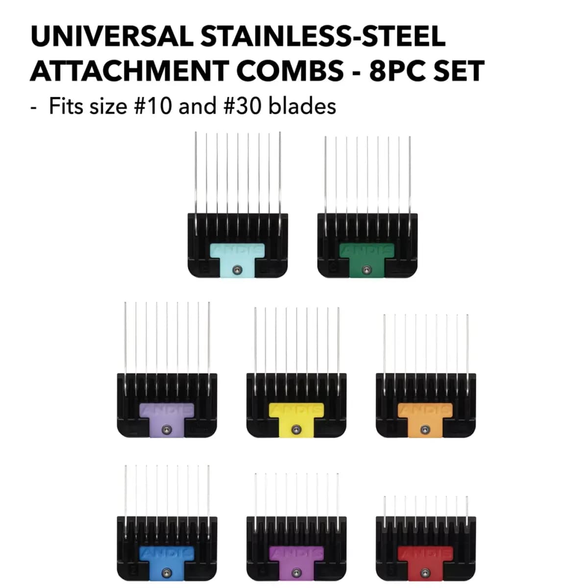 Andis® Universal Stainless Steel 8-Piece Comb Set for Pet Hair Electronic Clipper [Includes Hard plastic storage case, 8 steel color, Intended Pet(s) Suitable for dogs, cats, small