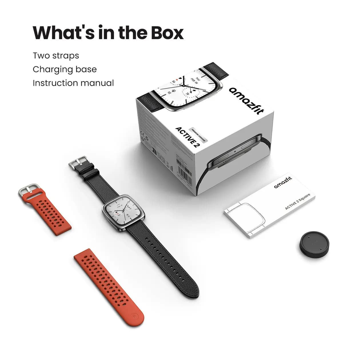 Amazfit Active 2 Square Black (with additional red strap) [43.32x36.9x9mm, 1.75", 5 ATM]