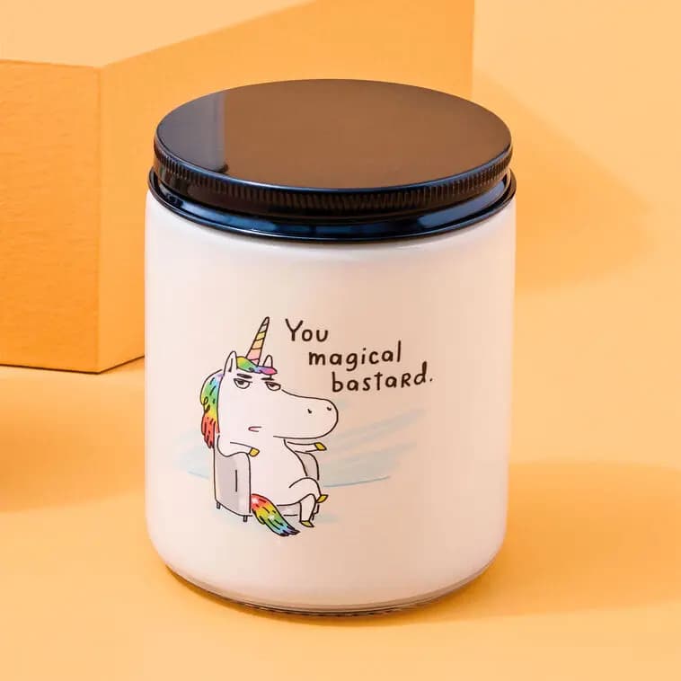 Unicorn You Magical Bastard Scented Single-Wick Jar Candle, 7 oz. [Dimensions 7 oz.; 2.62'' W x 3.62'' H x 2.62'' D, Count 1, Format Candle, Scent Mandarin orange and grapefruit]