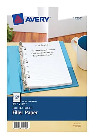 Avery® Mini Binder Filler Paper, Fits 3-Ring/7-Ring Binders, 5-1/2" x 8-1/2", College Ruled, Pack of 100 Sheets [sheet size 5-1/2" x 8-1/2", Color (Paper) White, Color (Ink) Blue, 