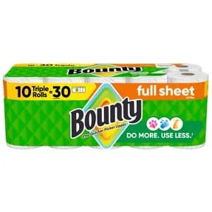 Bounty Full Sheet Paper Towels - 10 Triple Rolls - 2-Ply - 75 Sheets [Health Facts Dye-Free, No Fragrance Added, Non-Toxic, Sheets Per Roll 75, Disposability Do not flush, Count 10