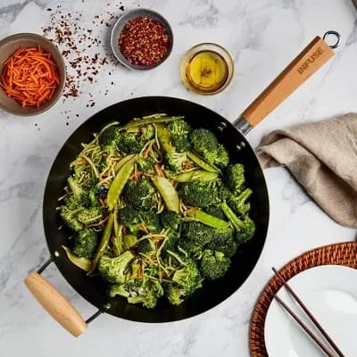 Infuse 14" Open Wok with Bamboo Stick Handle [Carbon Steel, 0 Quart, Non-Stick]