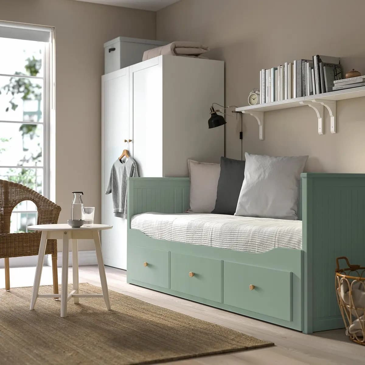 IKEA HEMNES Daybed frame with 3 drawers, gray-green [Width 42 1/2 ", Height 32 5/8 ", Drawer depth (inside) 27 1/2 "]